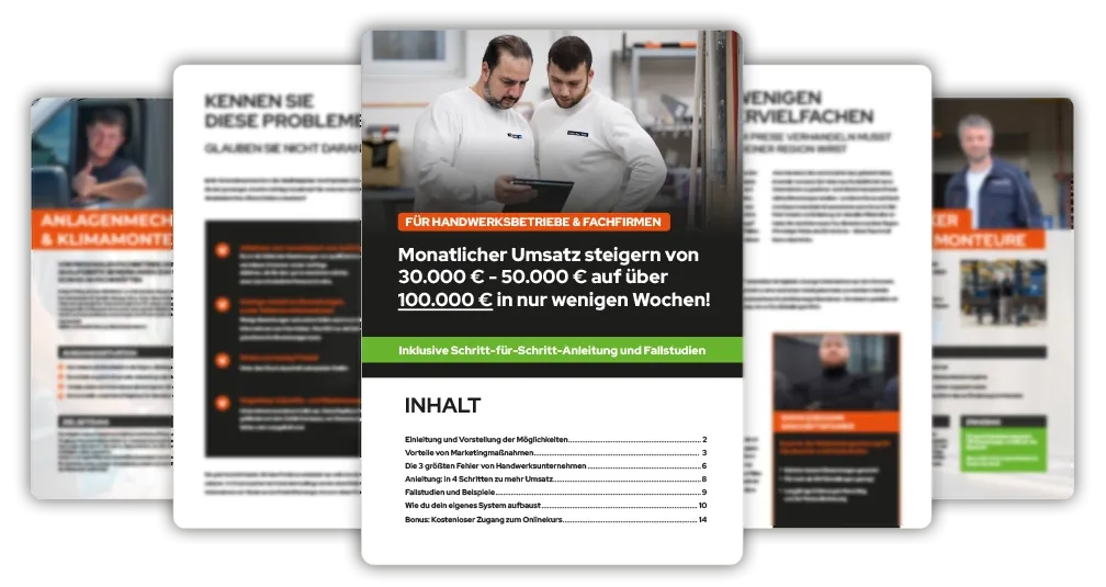 Vorschau auf die Seiten der Schritt-für-Schritt-Anleitung: Monatlicher Umsatz steigern von 30.000 bis 50.000 Euro auf über 100.000 Euro